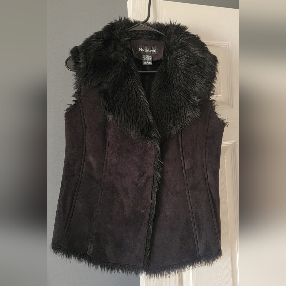 NorthCrest Black Faux Fur Trim Suede Vest